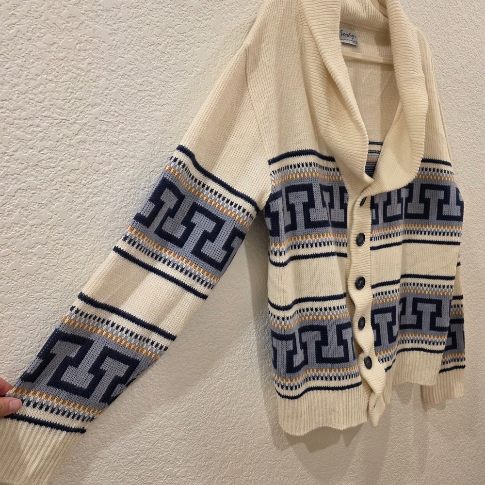 Vintage Sarby Sportswear Greek Key Shawl Collar Cardigan Mens L Cream Blue Heavy - Picture 5 of 11